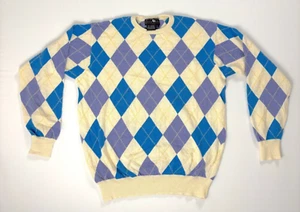 Vintage Saks Fifth Avenue Womens Cashmere Sweater Argyle Sz L Ivory Purple Blue - Picture 1 of 6