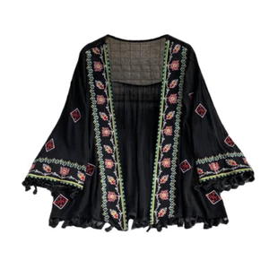 Women Ethnic Embroidery Blouse Kimono Coat Tops Boho Floral Tassel Casual - Picture 1 of 15