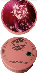  ONTARIO REIGN SHER-WOOD + INGLASCO RARE PINK ECHL OFFICIAL HOCKEY PUCK 