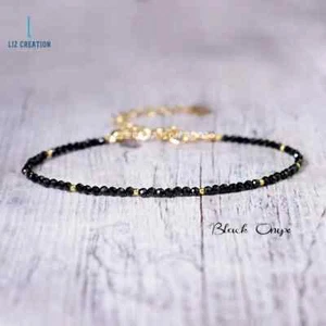 Zartes minimalistisches Armband aus schwarzem Onyx, zierliches Armband mit natürlichem Onyxstein - - Bild 1 von 4