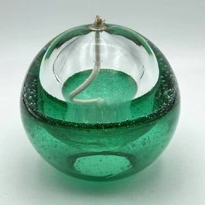 Vtg Handblown Art Glass Orb Globe Oil Candle Lamp Half Green Clear Bubbles 4" - Bild 1 von 12