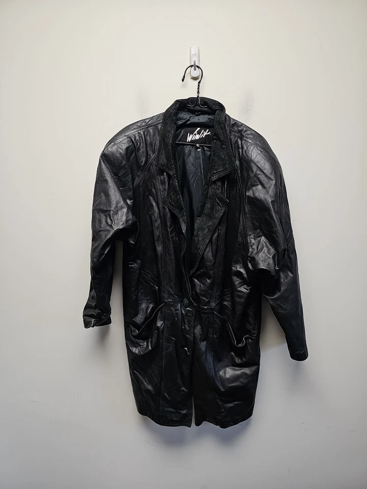 Chaqueta de cuero Winlit vintage años 80 hombreras largas negras para mujer talla M retro Foto 1 de 4