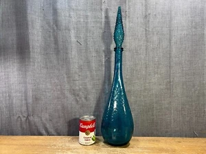 Vintage Blue Glass Decanter Italy MCM Tall Genie Bottle Hobnail Stopper Empoli - Picture 1 of 10