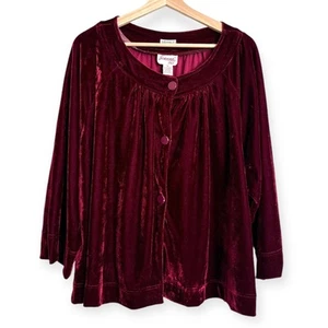 Joanna Plus Cherry Red Stretch Velvet Button Front Boat Neck Blouse Women's 1X - Picture 1 of 9