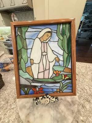 Religious Lead Glass Stained Glass Window Wood Frame Vtg Antique Mother Mary - Image 1 of 4