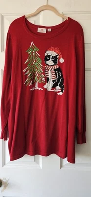 Women's Quacker Factory Sz 1x Christmas Sequence Long Sleeve Red Cotton Blen Cat - Image 1 of 4