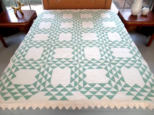 Vintage 2 Color Green & White Irish Shamrock Cotton OCEAN WAVES Quilt; MICHIGAN - Picture 1 of 22