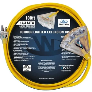100' Lighted 14/3 Heavy Duty 3 Outlet SJTW Extension Cord 14 3 100ft Indoor/Out - Picture 1 of 8