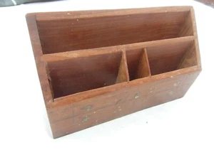 Vintage WOODEN PEN AND PAPER DESK STAND with brass inlay 10" wide, 3" D, 6" H - Picture 1 of 7