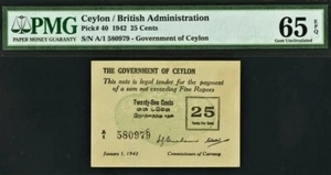 British Ceylon 25 Cents 1942 Pick-40 GEM UNC PMG 65 EPQ - ONLY FINEST KNOWN ! - Picture 1 of 2