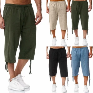 Mens Cotton Linen 3/4 Length Cargo Shorts Three Quarter Joggers Cropped Pants - Picture 1 of 14