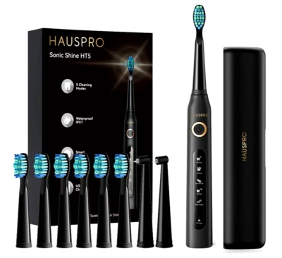 HAUSPRO Electric Toothbrush Sonic Black 8 Heads 5 Modes Travel Case USB NEW UK