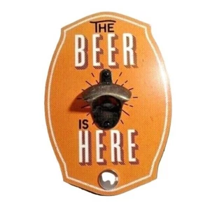 Boston Warehouse THE BEER IS HERE Barrel Bottle Opener Wall Mounted Magnet Wood - Picture 1 of 3