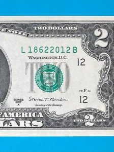 L 1862 2012 B : TRAILING YEAR 2012 $2 Two Dollar Bill Serial Number *UNC* - Picture 1 of 3