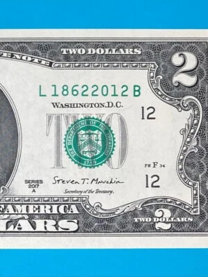 L 1862 2012 B : TRAILING YEAR 2012 $2 Two Dollar Bill Serial Number *UNC* - Image 1 of 3