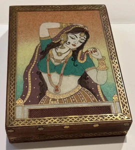 Wooden Jewelry Box With Glass Gemstone Painting Brass Inlay Designs - Picture 1 of 11