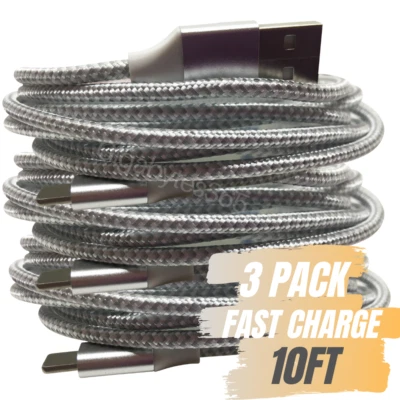 3Pack Braided 10ft USB Fast Charger Cable For iPhone 14 13 12 11 X Charging Cord - Image 1 of 4