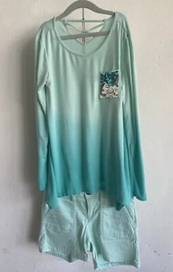 Girls Clothing Size 10 Green Aqua Top T-Shirt Longsleeve Jean Shorts Bundle - Picture 1 of 5