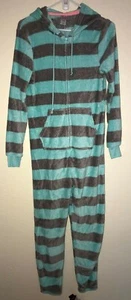 girls SO brand THICK SOFT FLEECE BLANKET SLEEPER gray blue STRIPES medium HOOD @ - Picture 1 of 2