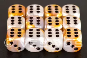 DICE Chessex Gemini WHITE/GOLD 12d6 d6 Block Set Marble Shiny Gaming 26648 OOP - Picture 1 of 1