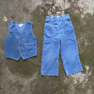 Vintage 70er Levis Kinder Cord blau gelb Etikett Weste Jacke Hose Anzug - Bild 1 von 10