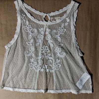 Camiseta sin mangas hollister floral de encaje ganchillo cuello redondo alto calce cuadrado blanca XS Foto 1 de 2