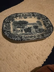antique Wedgwood "Cows" pattern flow blue transferware platter, likely dating... - Picture 1 of 4