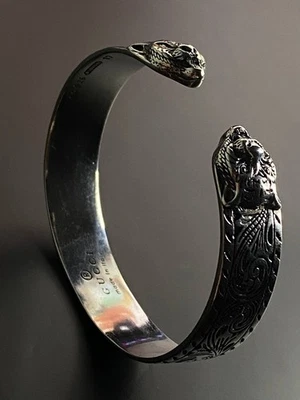 Gucci Silver Engraved Serpent Tiger Head Cuff Bracelet - Image 1 of 4