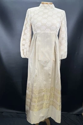 Vtg 1960s 1970s Handmade SMALL Maxi Flower Hostess Dress Taupe w Gold Thread - Image 1 of 4