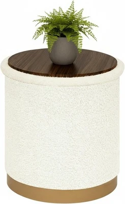 White Boucle Large Round Storage Ottoman Foldable Footstool with Tray Lid - Image 1 of 4