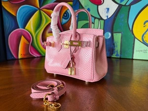 20cm Luxury Pink Snakeskin Pattern Cowhide Leather Satchel Handbag - Picture 1 of 4