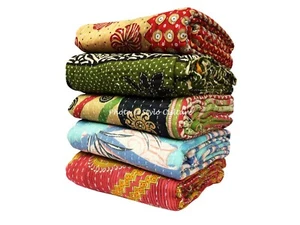 5 Pcs Lot Reversible Bengali Kantha Quilt Multicolor Twin Blanket Bed Runner - Picture 1 of 6