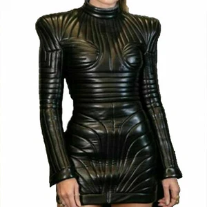 Bequemes schwarzes Rindsleder Steampunk Gothic Punk Leder gestepptes Damenkleid - Bild 1 von 4