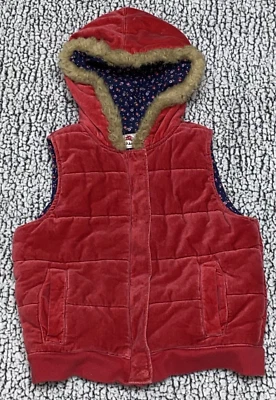Vintage OshKosh Hooded Red Velvet Jacket Vest Youth Girls Sz 12 Floral Lined - Image 1 of 4