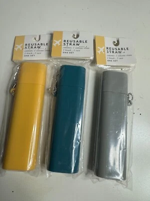 3 Reusable Silicone Straw With Travel Case, Cleaning Brush-Yellow, Blue, Gray - Image 1 of 2