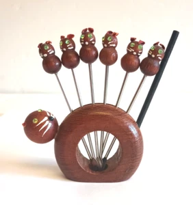 Vintage Holz Katzenhalter Kätzchen Pick Gabeln Hors D'oeuvre Set Bar Vorspeise grüne Augen - Bild 1 von 8