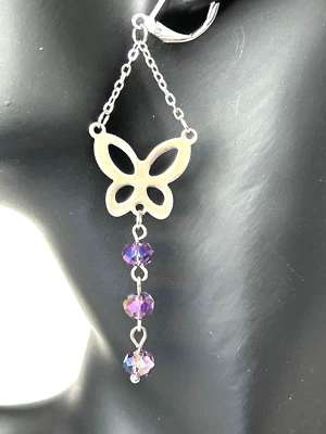 Purple Butterfly Beaded Chandelier Leverback Stainless Steel Dangle Earrings - Image 1 of 4