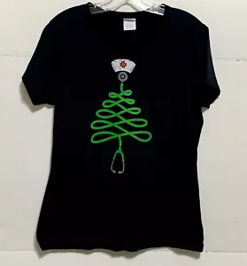 Port & Company T-shirt Women's Medium Black Christmas Tree Stethoscope Nursing - Picture 1 of 10