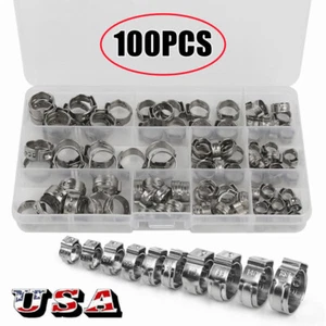 US 100pcs Assorted Stainless Steel Hose Clamps Ear Cinch Rings Crimp Pinch Kit - Picture 1 of 16