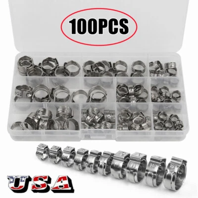 US 100pcs Assorted Stainless Steel Hose Clamps Ear Cinch Rings Crimp Pinch Kit