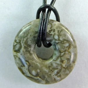 Grey & White Medium Jasper 1 3/8" Stone Donut Leather Cord Necklace NEW #55 - Picture 1 of 3