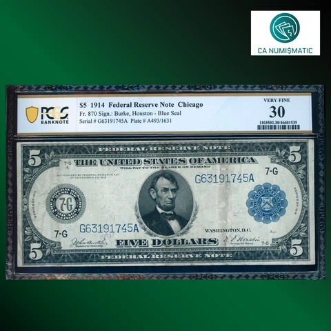 Fr.870 1914 $5 Five Dollars Federal Reserve Note Chicago, PCGS 30, 91745 Cover