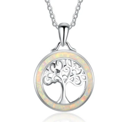 E05 Albero Della Vita Abete Cerchio Bianca Opale Argento Sterling 925 Rimorchio - Immagine 1 di 3