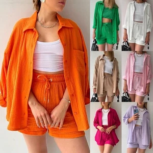 Women's Solid Long Sleeve Shirt High Waist Drawstring Shorts 2 Piece Outfit Set - Picture 1 of 45
