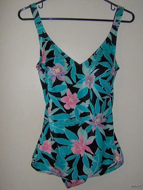TRAJE DE BAÑO RETRO VINTAGE AÑOS 40, TROPICAL, NEGRO/TURQUESA, SUJETADOR ACOLCHADO, 14/XL, ¡Delicioso! Foto 1 de 1