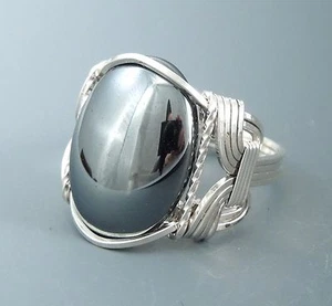 Sterling Silver Hematite Cabochon Wire Wrapped Ring - Picture 1 of 6