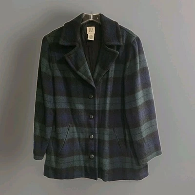 Vintage GAP Womens Wool Blend Plaid Coat Jacket Blackwatch Tartan Size L - Image 1 of 3