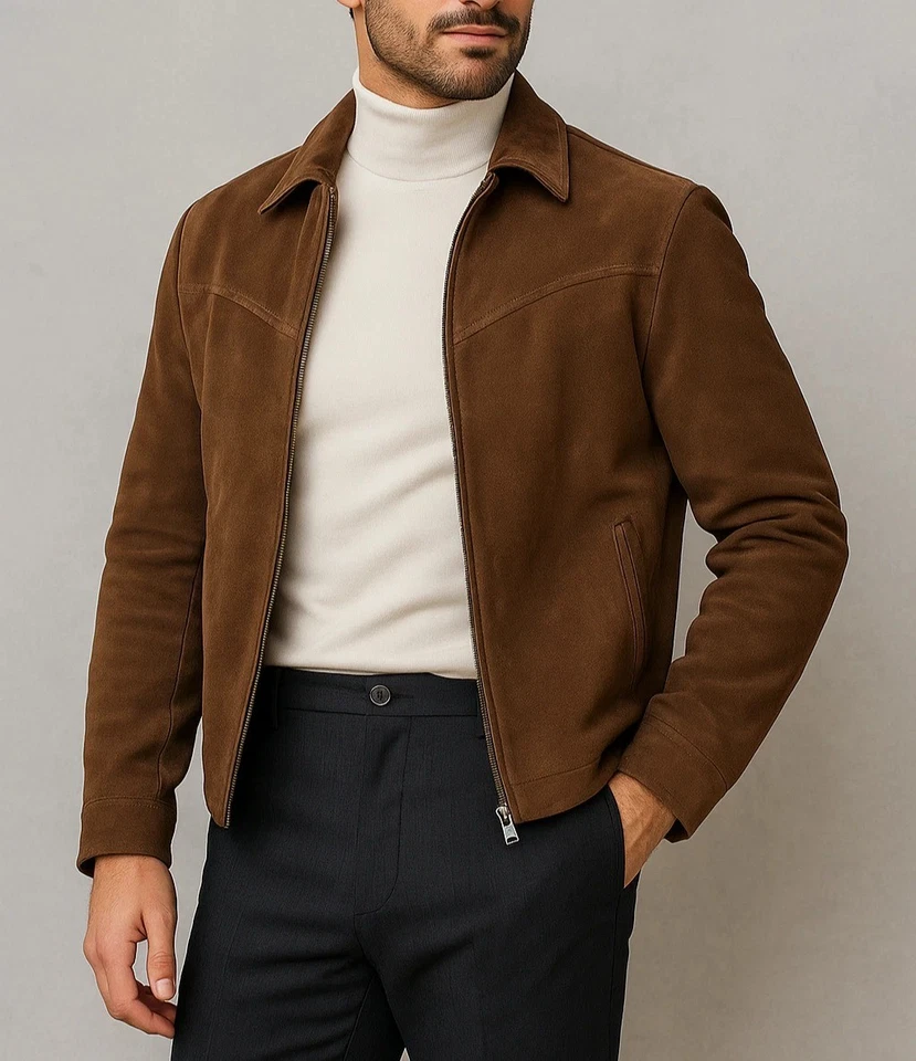 Men’s Brown Genuine Suede Leather Jacket Classic Casual Slim Fit Real Suede Coat - Image 1 of 4