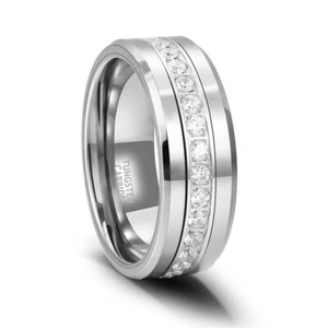 8mm Cubic Zirconia Tungsten Carbide Mens Ring Wedding Band Ring Comfort Fit 6-13 - Picture 1 of 27