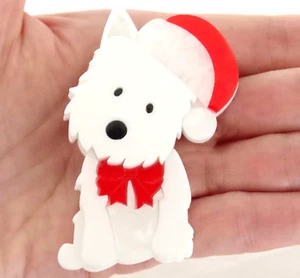2.5" NWOT WHITE TERRIER DOG IN SANTA HAT LAYERED ACRYLIC CHRISTMAS BROOCH PIN - Picture 1 of 15